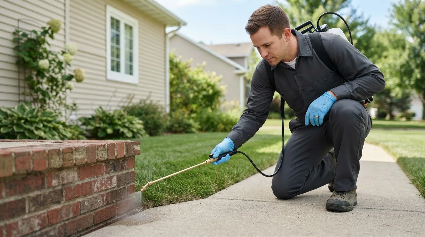 Pest control technician treating a home near Mount Morris, IL