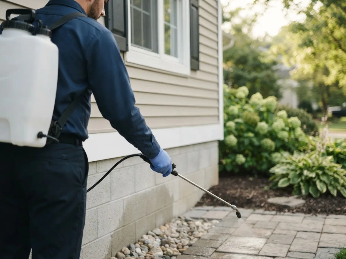 Pest control technician inspecting a home in Mount Morris, IL